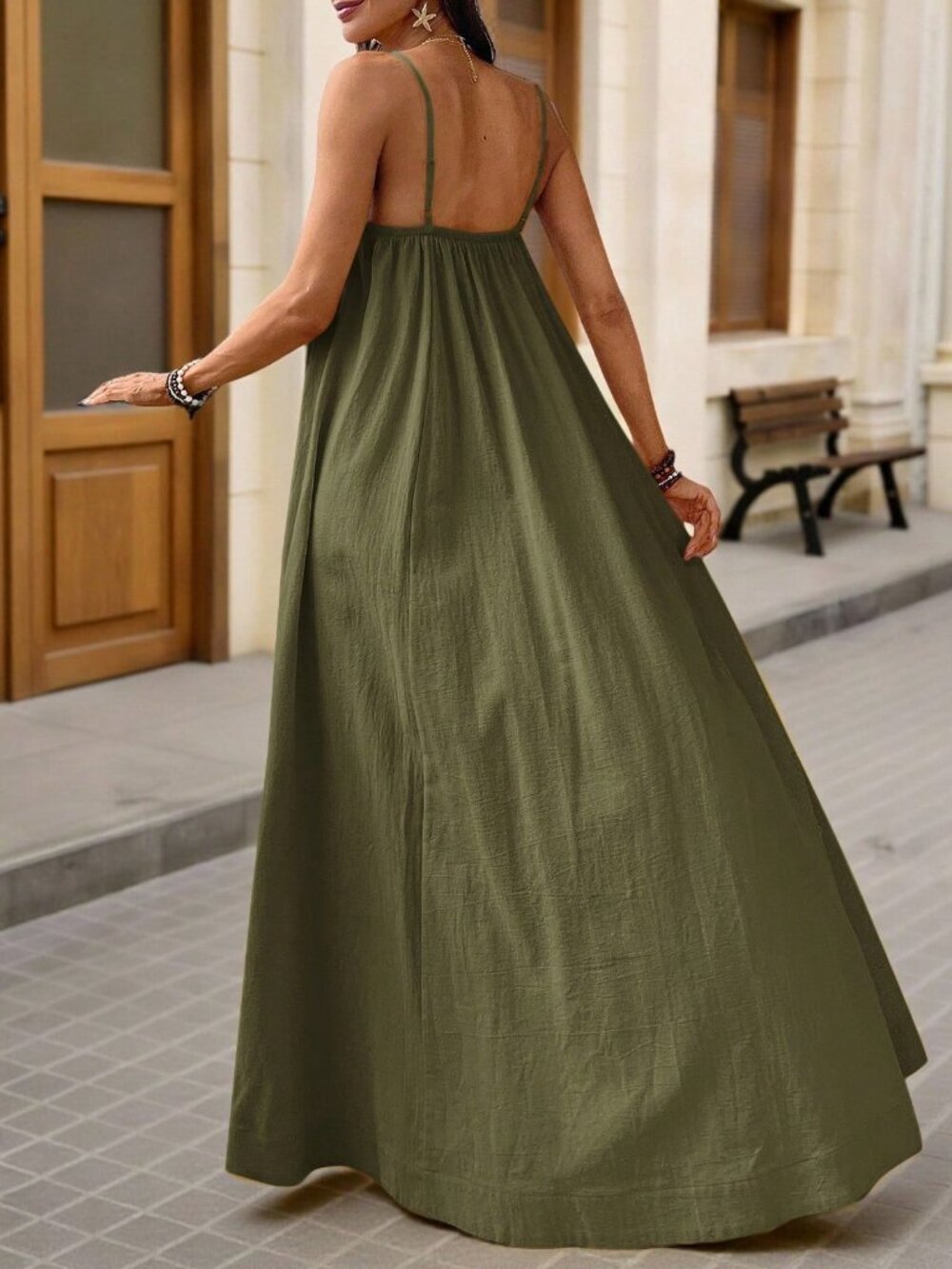 Green Casual Women's square neckline Loose maxi Dress - Picture 2 of 7